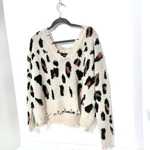 Leopard Distressed V Neck Sweater